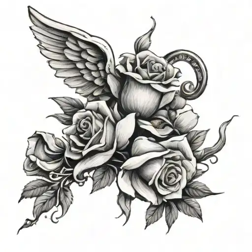 ROSE TATTOO WITH ANGEL PLAYING TRUMPET AND OTHER FLOWERS tattoo design idea