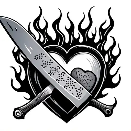 butcher knife, heart, bandaid, flames tattoo design idea