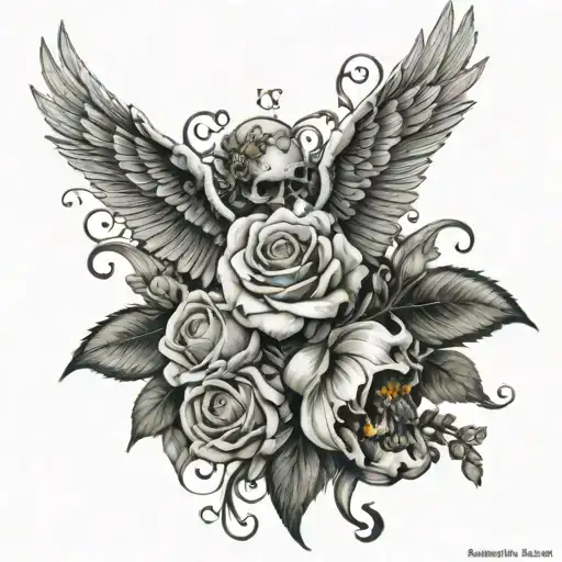 The text "Carpe diem, Carpe noctem, sed semper memento mori." With an angel of death, to symbolize death, and flowers to tattoo design idea
