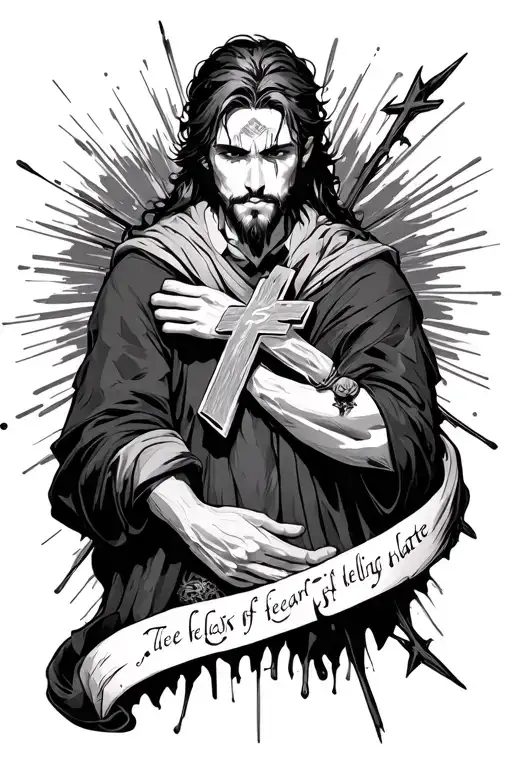 When a man learns to feel love he must also bear the risk of feeling hate. with a cross and anime meaning tattoo design idea