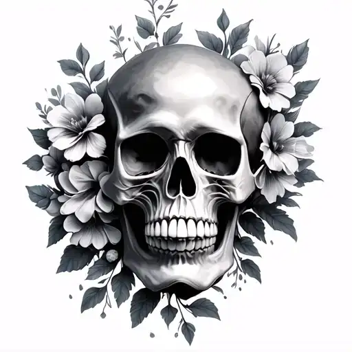 pretty skull soft shading with flowers growing, black and grey  tattoo design idea
