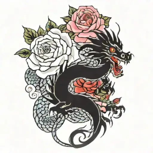 Oriental dragon with roses tattoo design idea