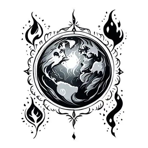 fire earth water air element signs incorporated along tattoo design idea