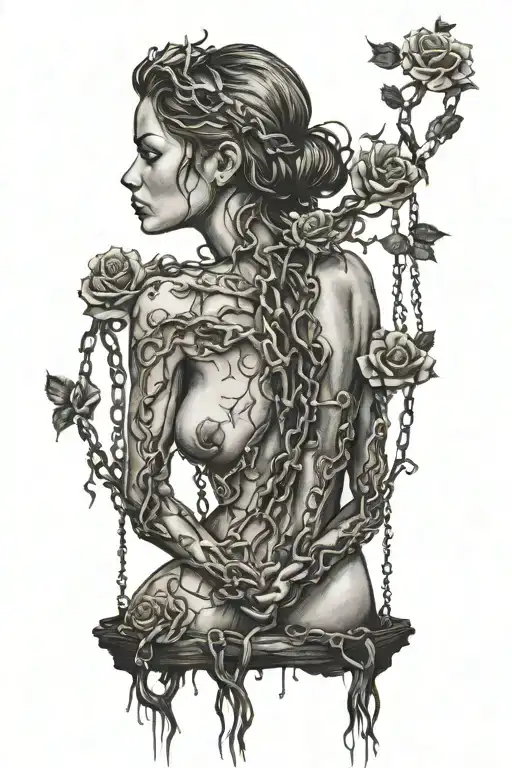 Silhouette of a naked girl, anatomically correct, roots growing out of chains, roses tattoo design idea
