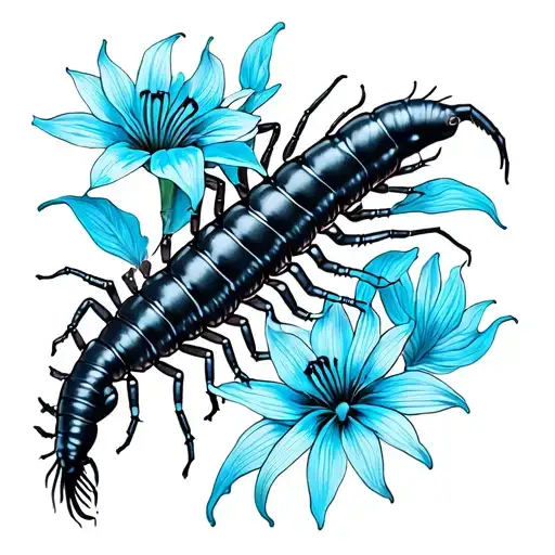 fine line art, centipede with blue spider  lily, make it look ruff tattoo design idea