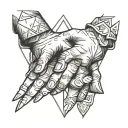 two hands pinky promise in the middle of a triangle tattoo design idea
