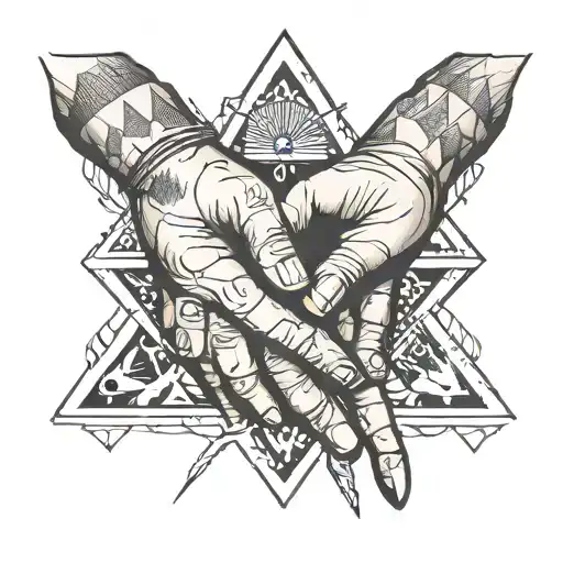two hands pinky promise in the middle of a triangle tattoo design idea