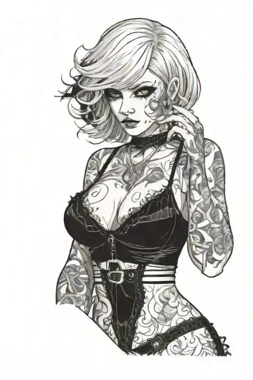 Sexy girl, Huge boobs, cleavage, petite, pure white eyes, lingerie, short white bob hairstyle, waist up view tattoo design idea