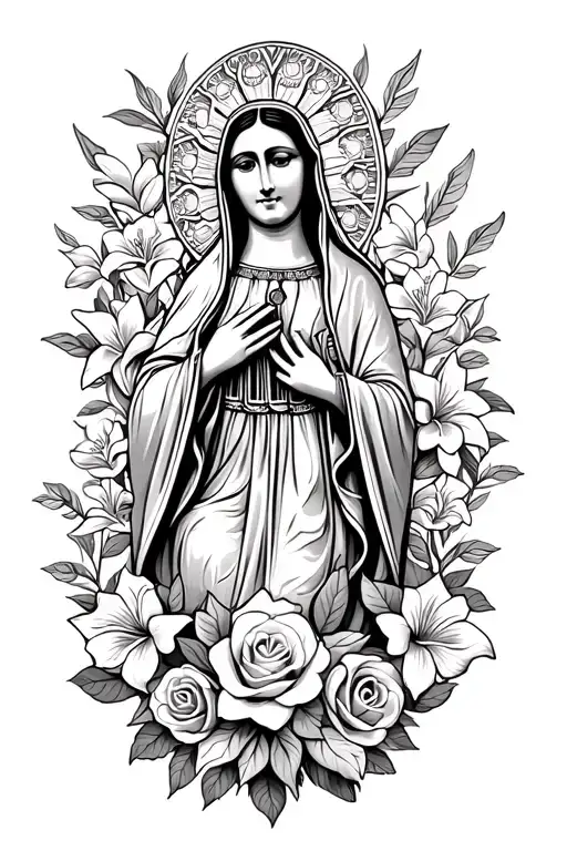 virgen de Guadalupe Mexican with roses lilies around as kind of the background  tattoo design idea