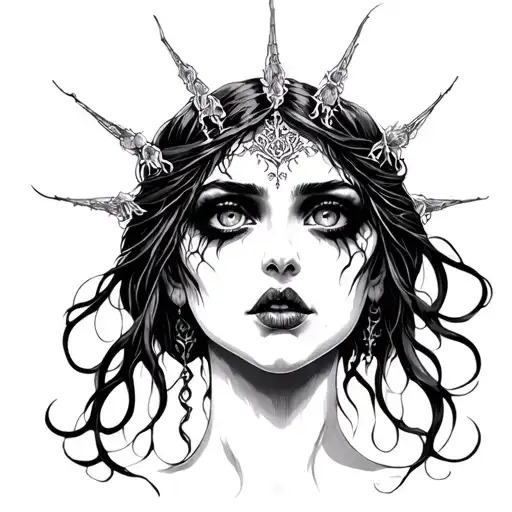 Dark Creepy goddess anxiety tattoo design idea