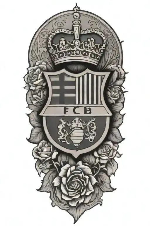 fc barcelona crest with crown surrounded by Spanish flowers tattoo design idea