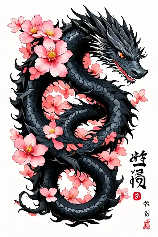 "言わぬが花" "言わぬが花" Include the text vertically down the forearm.  Have a black dragon swirling around the arm with a base of cherry blossom tattoo design idea