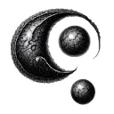 Two Seeds in the shape of a Semicolon, one circle shaped seed and the other a comma. black and white tattoo design idea