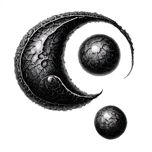 Two Seeds in the shape of a Semicolon, one circle shaped seed and the other a comma. black and white tattoo design idea
