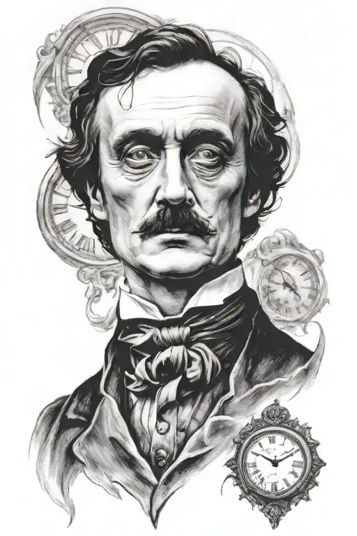 edgar allen poe face with clock melting tattoo design idea