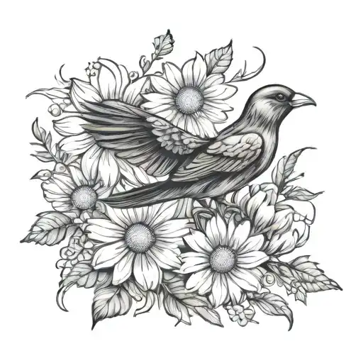 number 93, flower Chamomile, Bird holy spirit symbol tattoo design idea