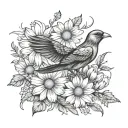 number 93, flower Chamomile, Bird holy spirit symbol tattoo design idea