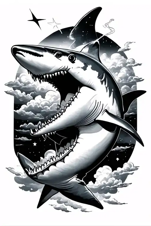 a hammerhead shark with a shooting star through clouds tattoo design idea