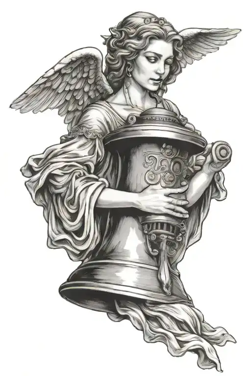 adult woman angel cradling liberty bell in hands like a baby tattoo design idea