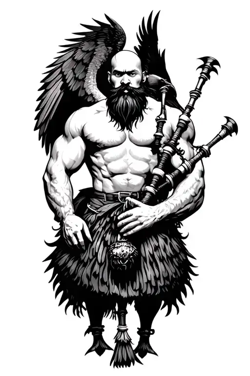 muscular bagpiper bald black beard black huge wings on  back playing the bagpipes flying crow with claws hairy chest tattoo design idea