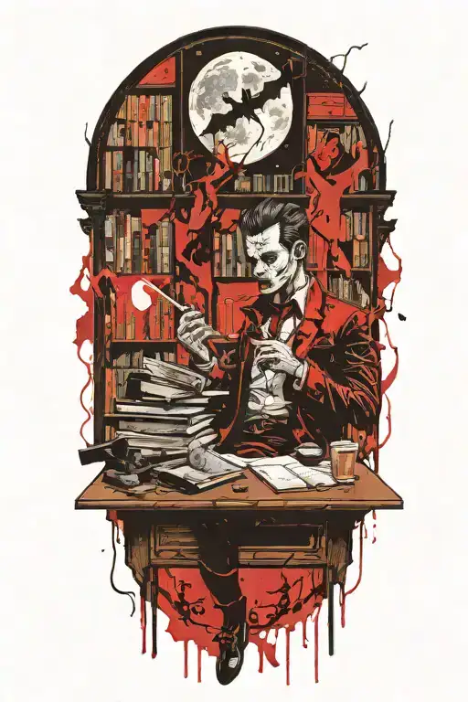 A vampire sitting in an office library. Full moon outside window. Bats  tattoo design idea