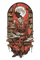 A vampire sitting in an office library. Full moon outside window. Bats  tattoo design idea