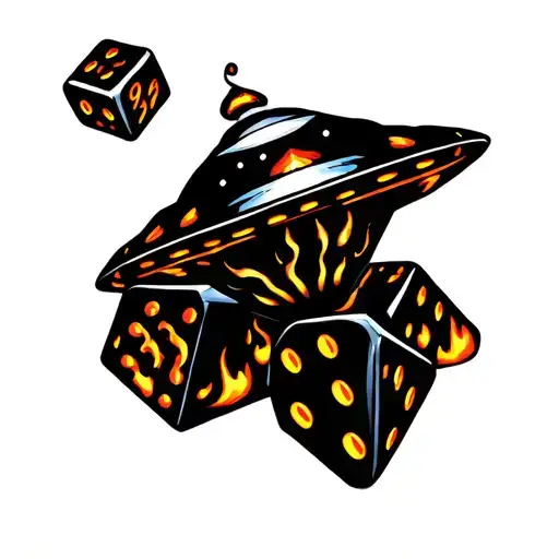 2 Dice flame ufo abducting human tattoo design idea