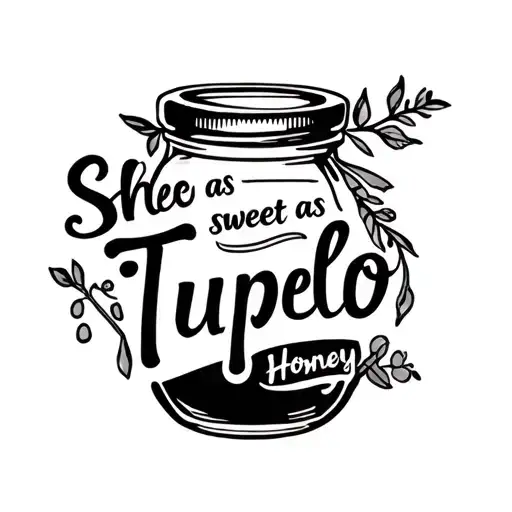 shes as sweet as Tupelo honey words with jar of honey tattoo design idea