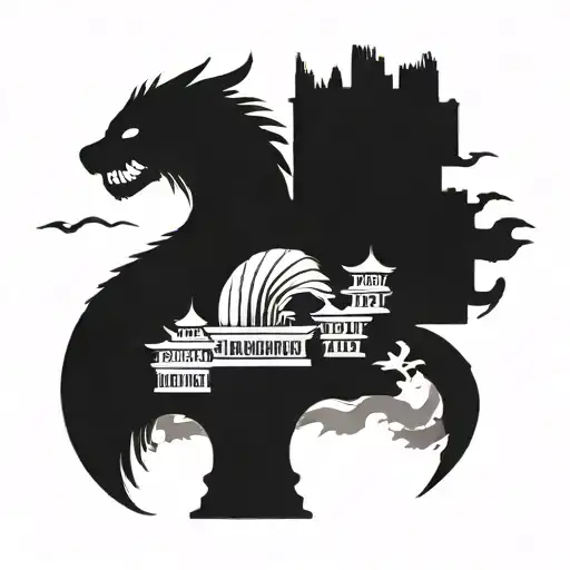 Create a tattoo design featuring the Merlion statue for Singapore, the Ha Long Bay rock formations for Vietnam, and the Torii gate for Japan, all combined into a cohesive back piece. tattoo design idea