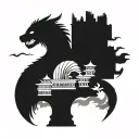 Create a tattoo design featuring the Merlion statue for Singapore, the Ha Long Bay rock formations for Vietnam, and the Torii gate for Japan, all combined into a cohesive back piece. tattoo design idea