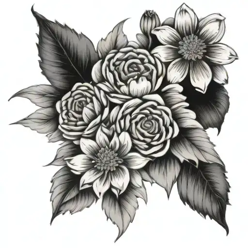 marigold flower, rose flower, daisy flower, and water lily flower bouquet  tattoo design idea