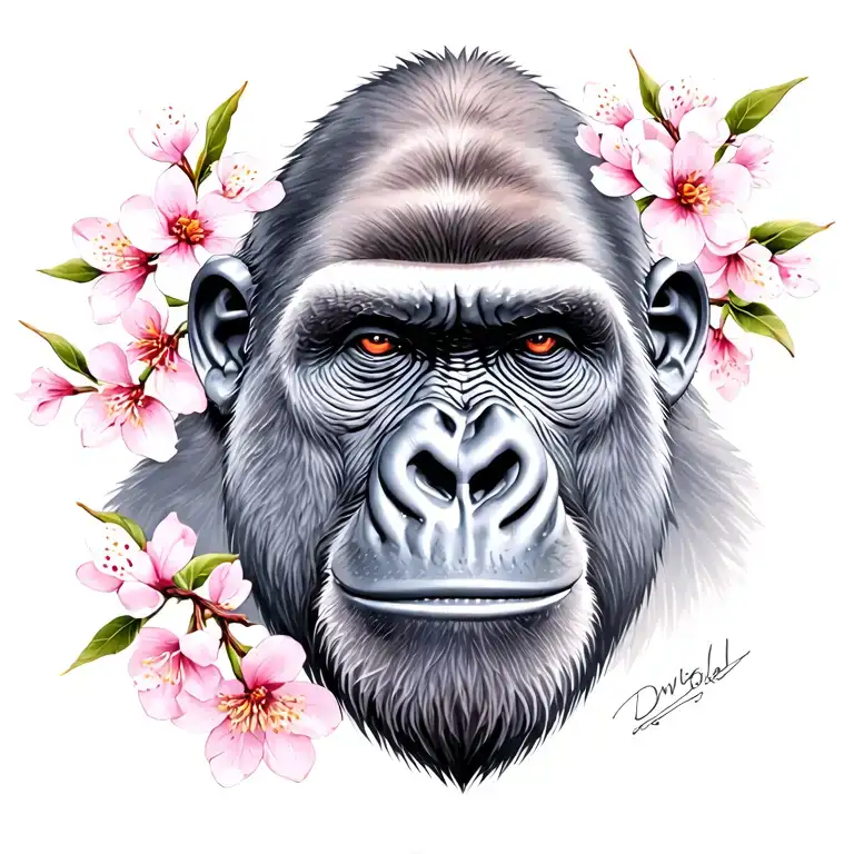 gorilla with cherry blossoms blooming tattoo design idea