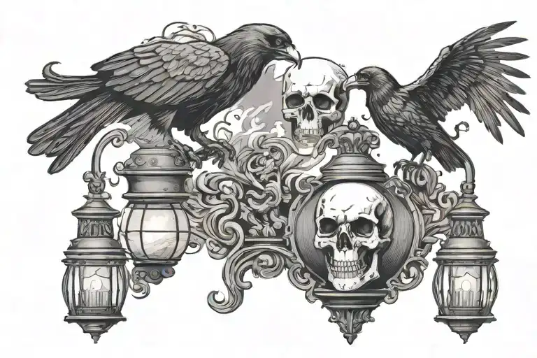 skull and crow perched ontop of lantern surrounded by smoke  tattoo design idea
