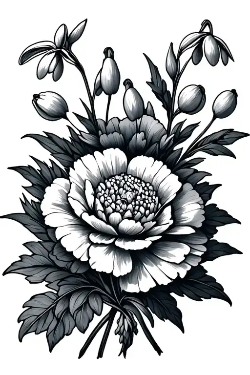 carnation, snowdrop flower bouquet tattoo design idea