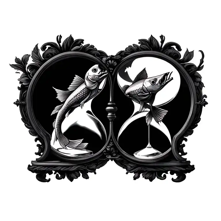 A hourglass with carp diem at the top, tempus flees in the middle, memento mori at the bottom, in elegant spa in mirror tattoo design idea