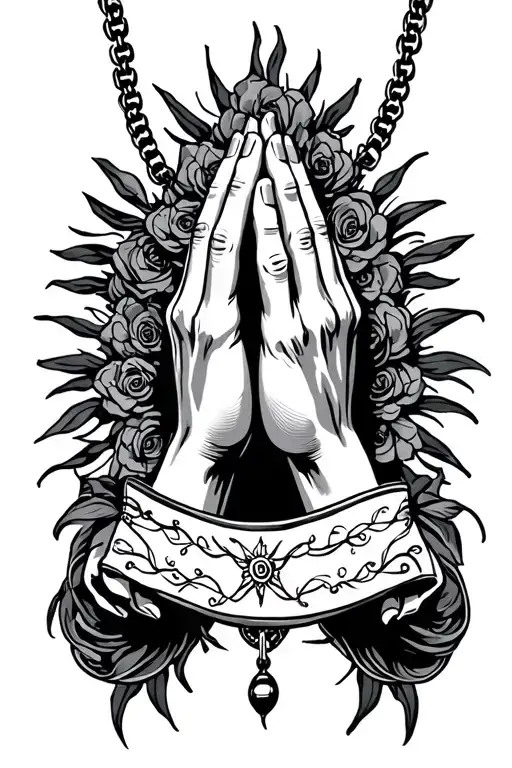 praying hands with Rosario necklace tattoo design idea