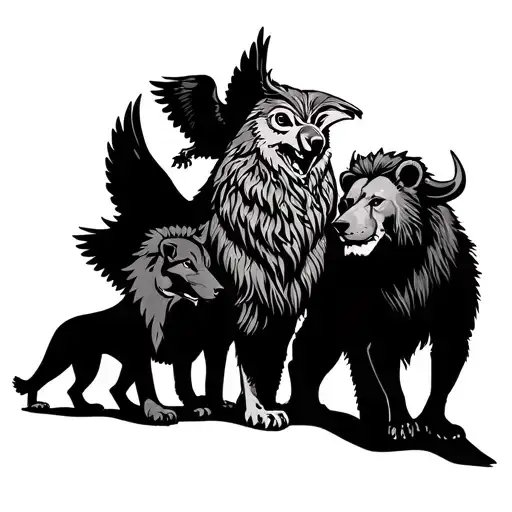 A wolf on the left next to a lion and a bear with a bull on the right with an owl ontop with open wings tattoo design idea