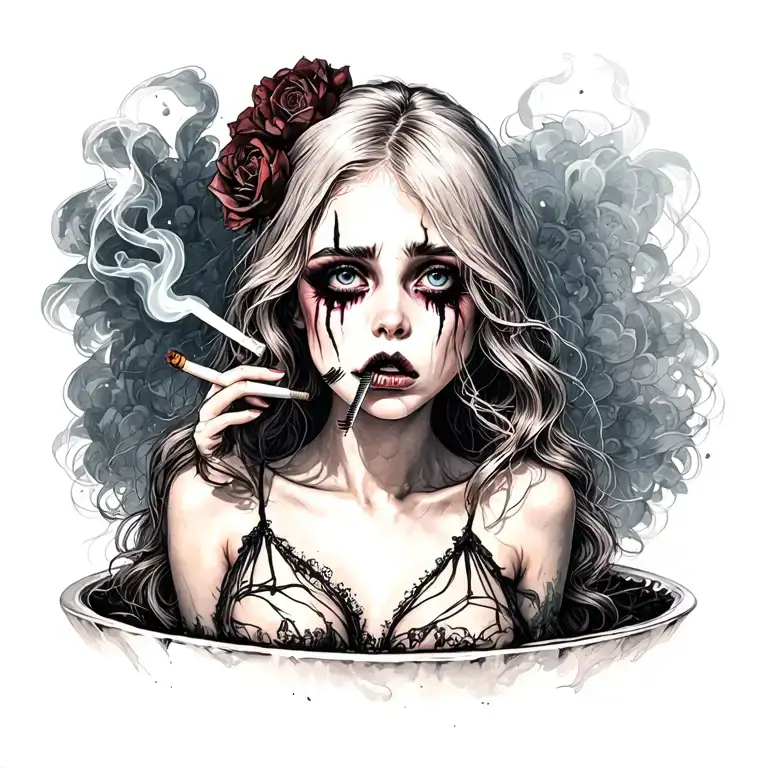 sexy, pale girl crying with mascara on.  wearing little to no clothing, smoking a cigarette. standing in a pudle tattoo design idea