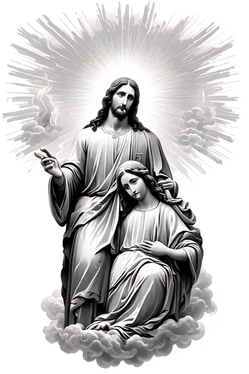 Jesus Christ and Maria with rays and clouds tattoo design idea