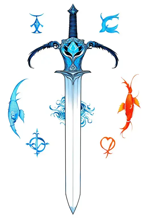 sword with the four elements' simbols from atla, the blue spirit's mask and the koi fish tattoo design idea