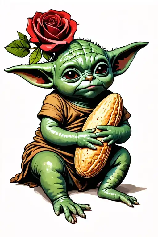 baby yoda grogu holding a peanut. peanut=miscarriage. rose and honey suckle  tattoo design idea