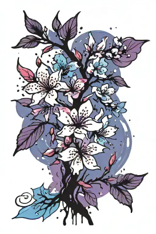 Cherry blossom petals falling, deep blue petals dark blue petals, purple petals, light blue petals, black branch tattoo design idea