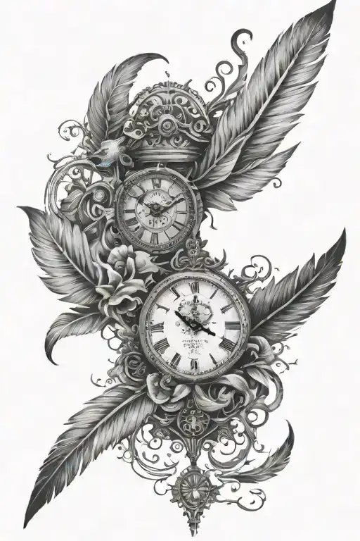 clock, death, leafs turning into birds and feathers to dust tattoo design idea