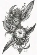 clock, death, leafs turning into birds and feathers to dust tattoo design idea