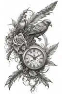 clock, death, leafs turning into birds and feathers to dust tattoo design idea