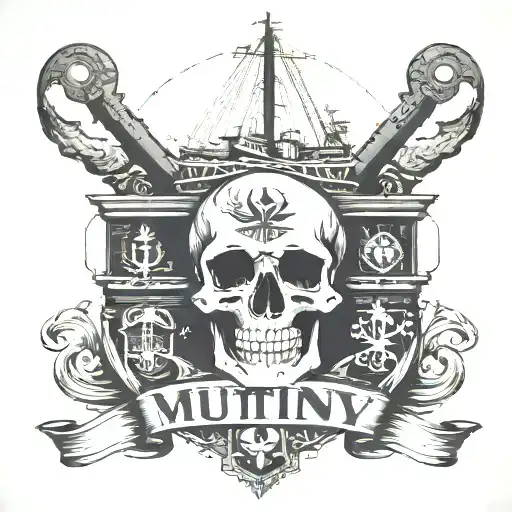 big container ship with stacks of containers with a skull and anchor below and with text below that says "MUTINY" tattoo design idea