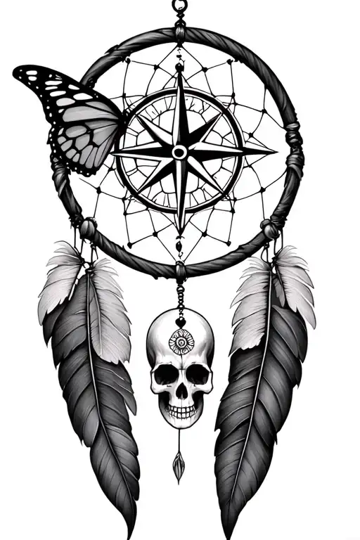 Dreamcatcher, compass, dear skull, butterfly  tattoo design idea
