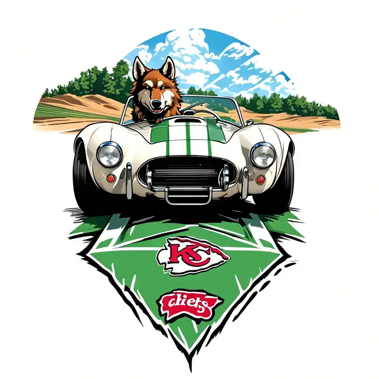 Kansas City chiefs wolf driving a 1965 Shelby cobra car tattoo design idea