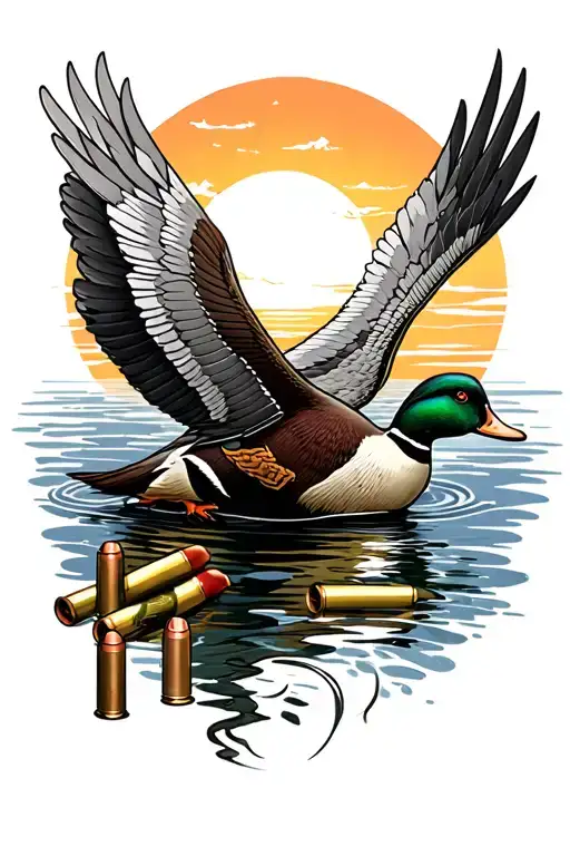 duck hunting tattoo with sunrise and shotgun shells spitfire ace tattoo design idea