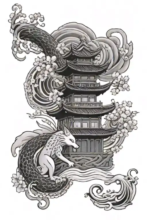 Cherry blossom Sakura and Waves and Nine tailed fox and japanese gate and japanese krane and lucky cat and koi fish tattoo design idea